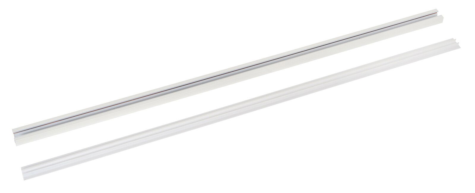 Weiße Stromschiene, 100 cm lang, in diagonaler Perspektive von oben fotografiert.