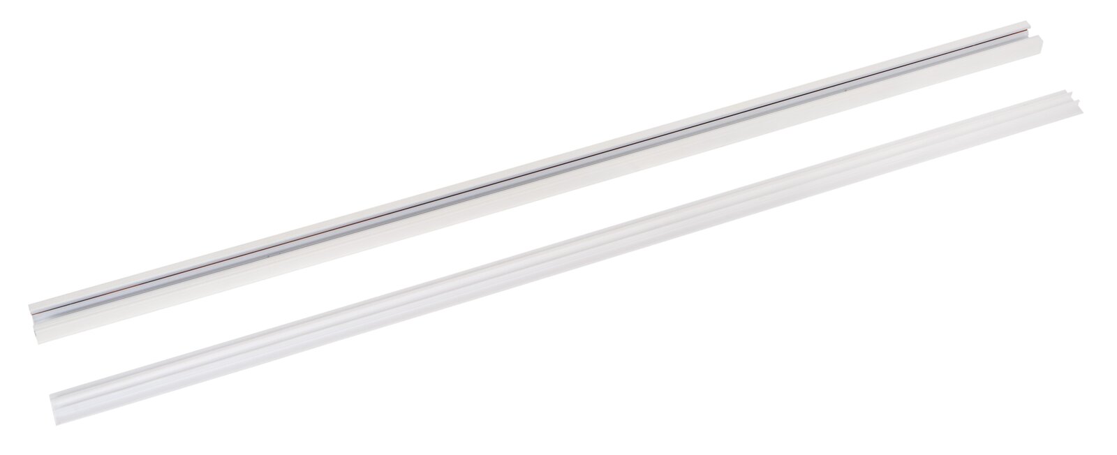Weiße Stromschiene, 100 cm lang, in diagonaler Perspektive von oben fotografiert.
