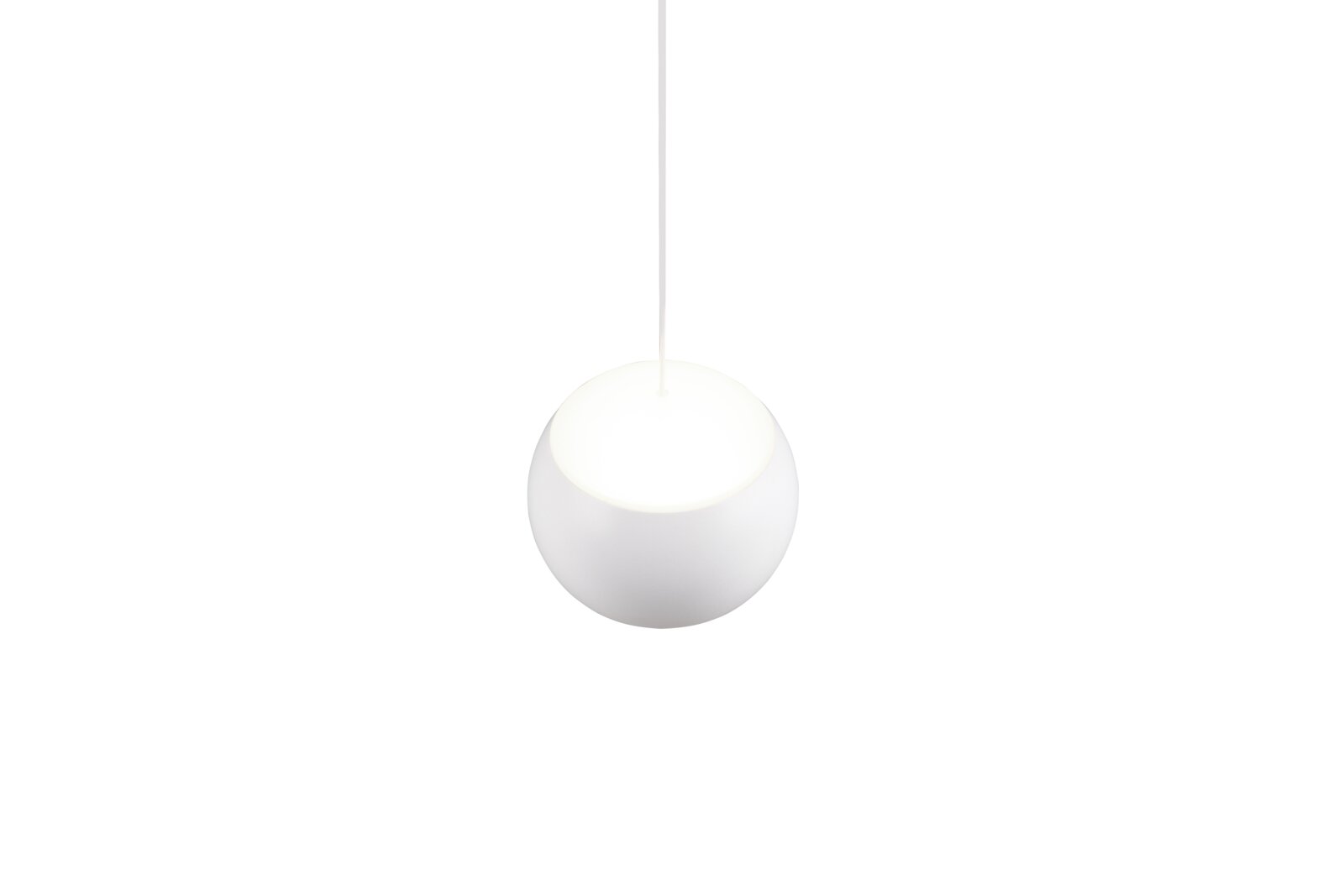 Moderne witte hanglamp in bolvorm, gezien van onderaf