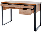 Moderner Schreibtisch aus Holz mit zwei offenen Schubladen und Metallbeinen, seitliche Perspektive.