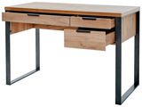 Moderner Schreibtisch aus Holz mit zwei offenen Schubladen und Metallbeinen, seitliche Perspektive.