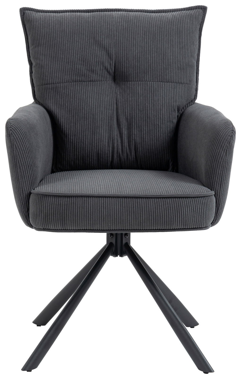 Grauer Sessel mit geripptem Stoffbezug und schwarzem Metallgestell, Frontalansicht