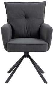 Grauer Sessel mit geripptem Stoffbezug und schwarzem Metallgestell, Frontalansicht