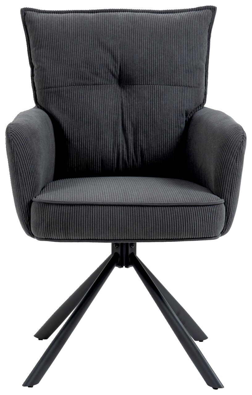 Grauer Sessel mit geripptem Stoffbezug und schwarzem Metallgestell, Frontalansicht