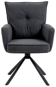 Grauer Sessel mit geripptem Stoffbezug und schwarzem Metallgestell, Frontalansicht