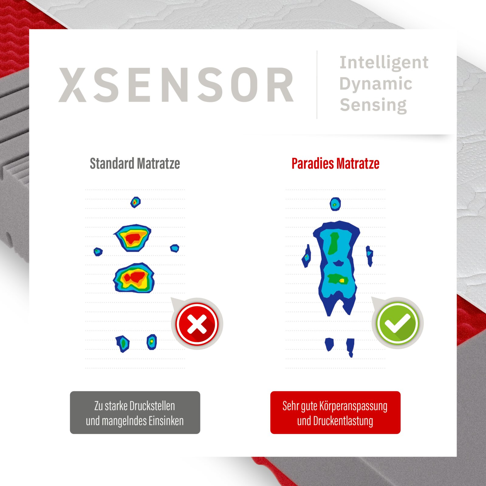 Frontale Ansicht einer XSENSOR-Grafik zum Matratzenvergleich: Standardmatratze mit starken Druckstellen (rotes X) versus Paradies Matratze mit sehr guter Körperanpassung und Druckentlastung (grüner Haken).