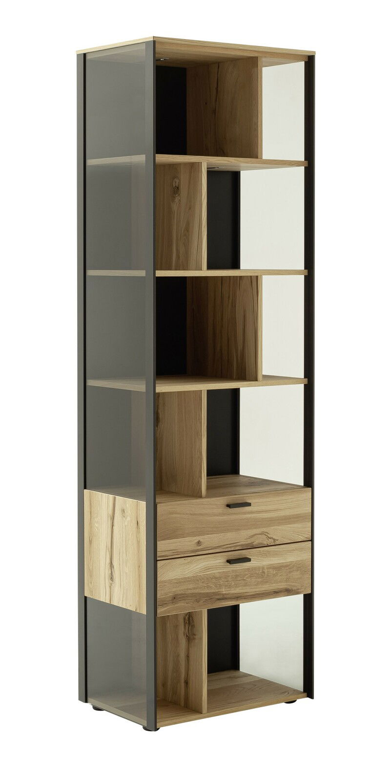 Modernes Regal aus Holz und Metall mit mehreren Fächern und Schubladen, seitliche Perspektive