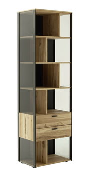 Modernes Regal aus Holz und Metall mit mehreren Fächern und Schubladen, seitliche Perspektive