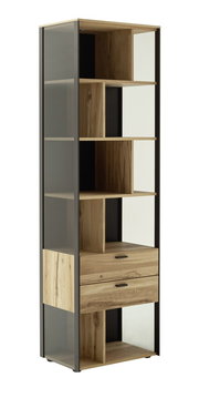 Modernes Regal aus Holz und Metall mit mehreren Fächern und Schubladen, seitliche Perspektive