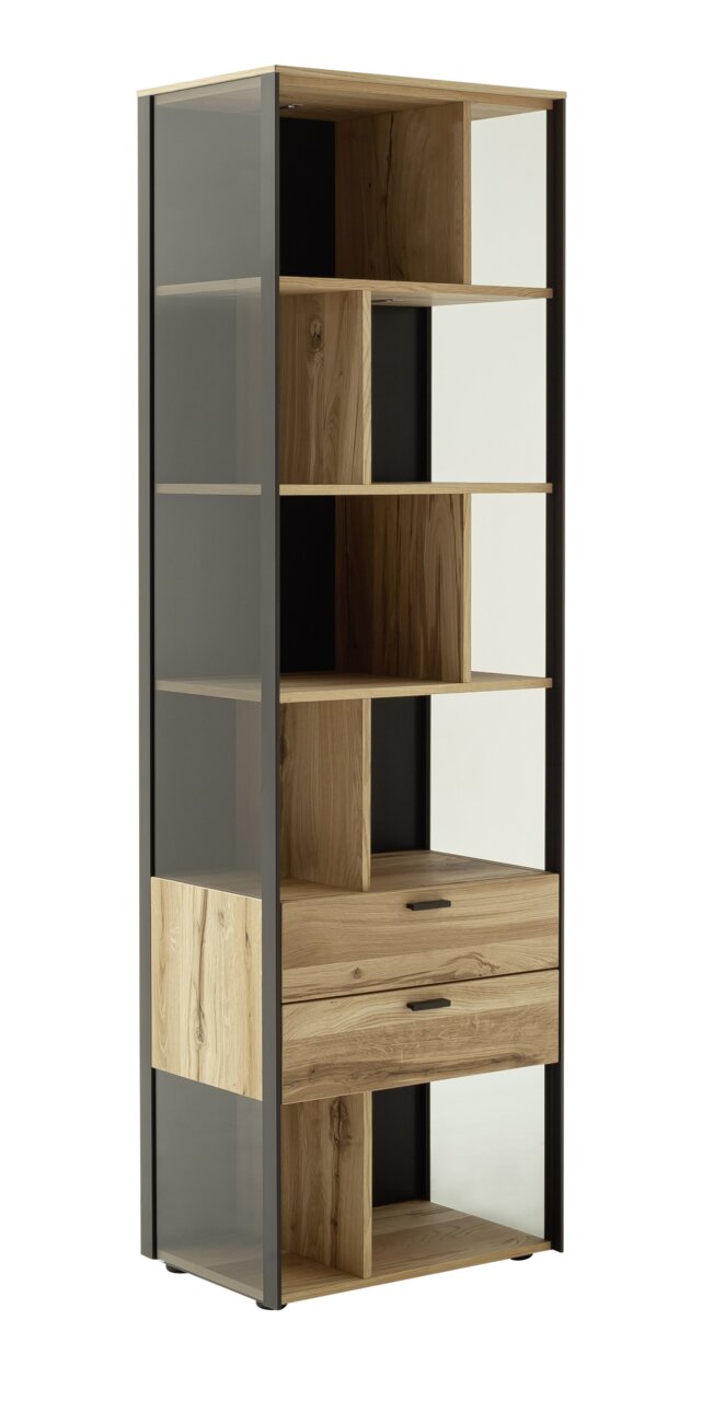 Modernes Regal aus Holz und Metall mit mehreren Fächern und Schubladen, seitliche Perspektive