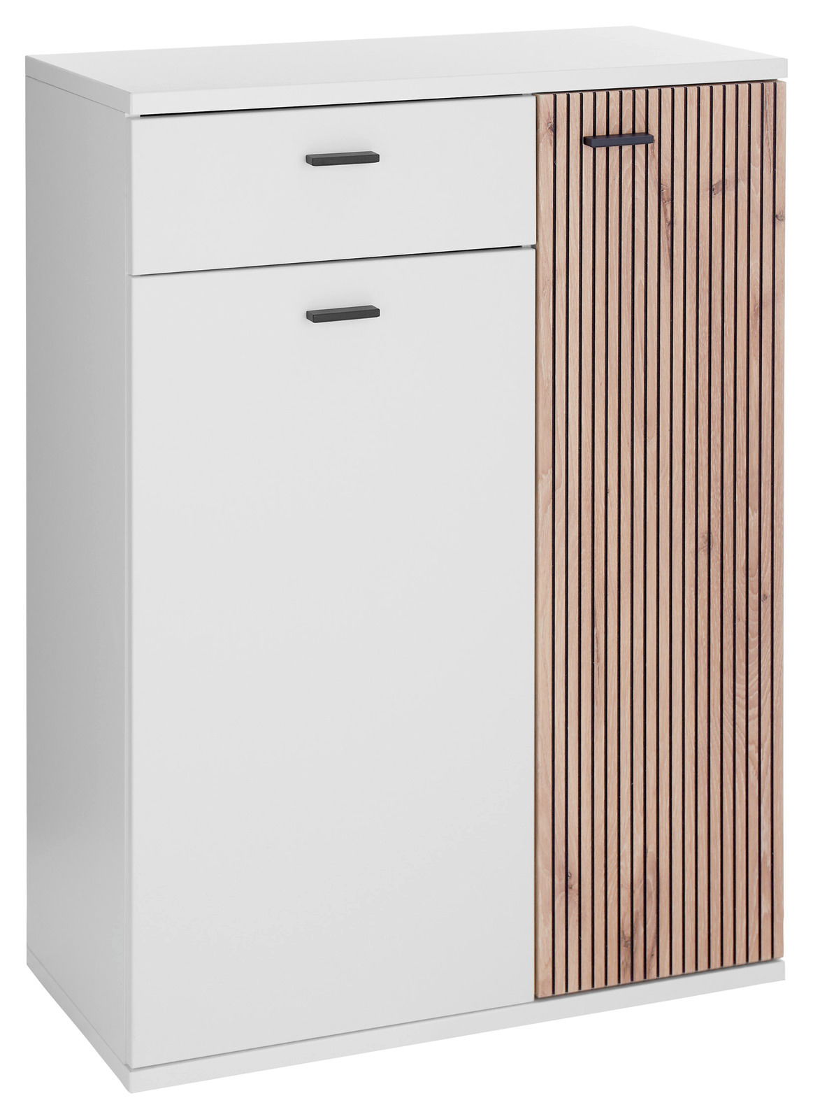Moderner Schuhschrank mit weißer Front und Holzlamellen, seitliche Perspektive