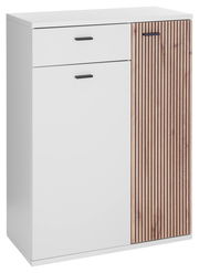 Moderner Schuhschrank mit weißer Front und Holzlamellen, seitliche Perspektive