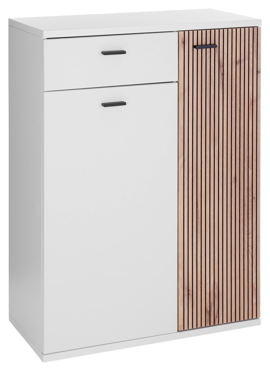 Moderner Schuhschrank mit weißer Front und Holzlamellen, seitliche Perspektive