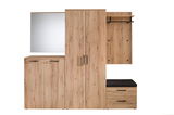 Vorschlagskombi Garderobe aus Holz mit Spiegel, Schrank, Sitzbank und Hakenleiste, frontal betrachtet.