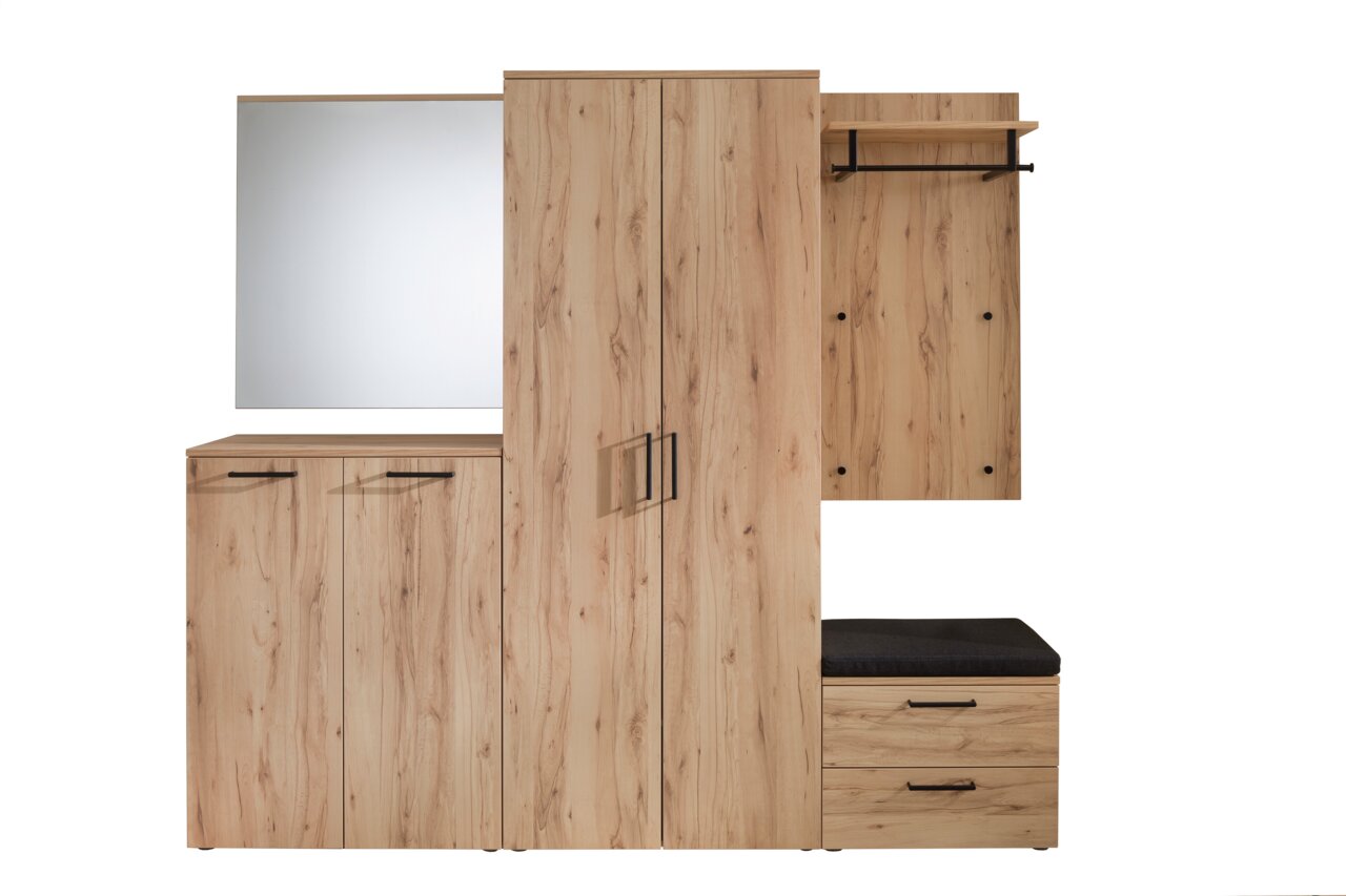 Vorschlagskombi Garderobe aus Holz mit Spiegel, Schrank, Sitzbank und Hakenleiste, frontal betrachtet.