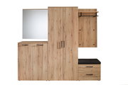 Vorschlagskombi Garderobe aus Holz mit Spiegel, Schrank, Sitzbank und Hakenleiste, frontal betrachtet.