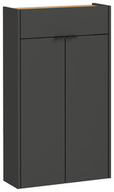 Moderner Hängeschuhschrank in dunklem Grau mit zwei Türen und einer Schublade, Frontalansicht.