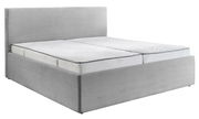 Graues Polsterbett 180x200 mit gestepptem Kopfteil, seitliche Perspektive
