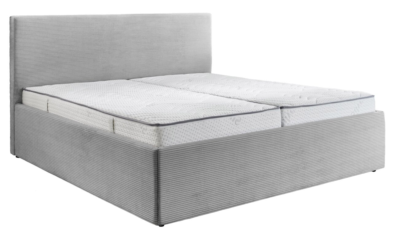 Graues Polsterbett 180x200 mit gestepptem Kopfteil, seitliche Perspektive