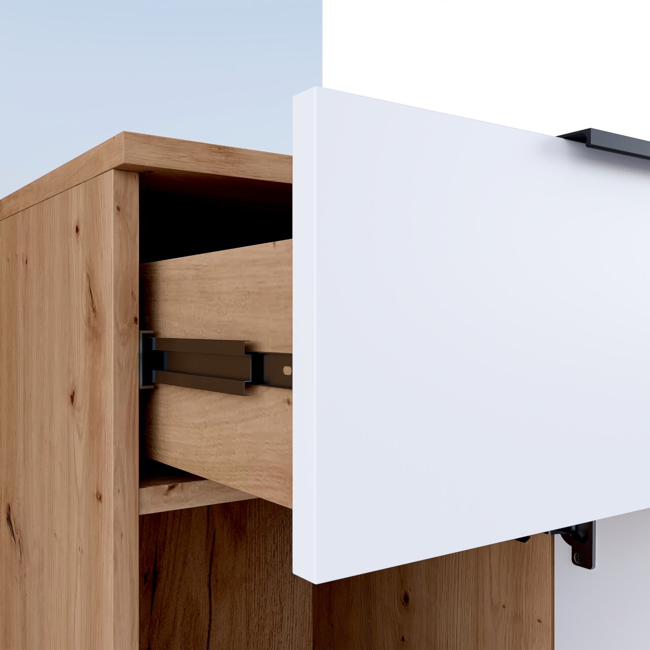 Nahaufnahme einer Kompaktgarderobe mit einer Kombination aus Holz- und weißen Elementen, die eine geöffnete Schublade zeigt.