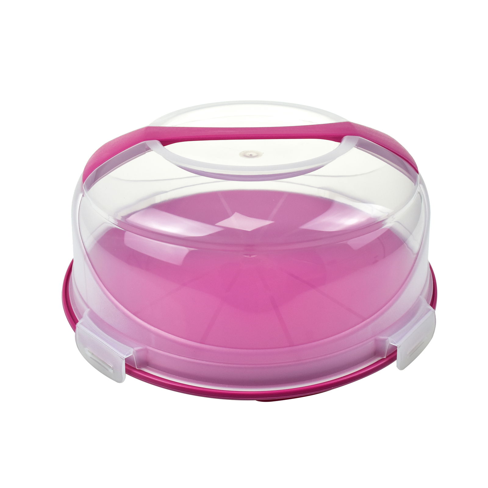 Runde Kuchentransportbox mit transparentem Deckel und pinkem Boden, seitliche Perspektive