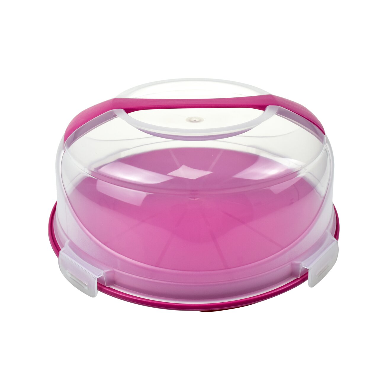 Runde Kuchentransportbox mit transparentem Deckel und pinkem Boden, seitliche Perspektive