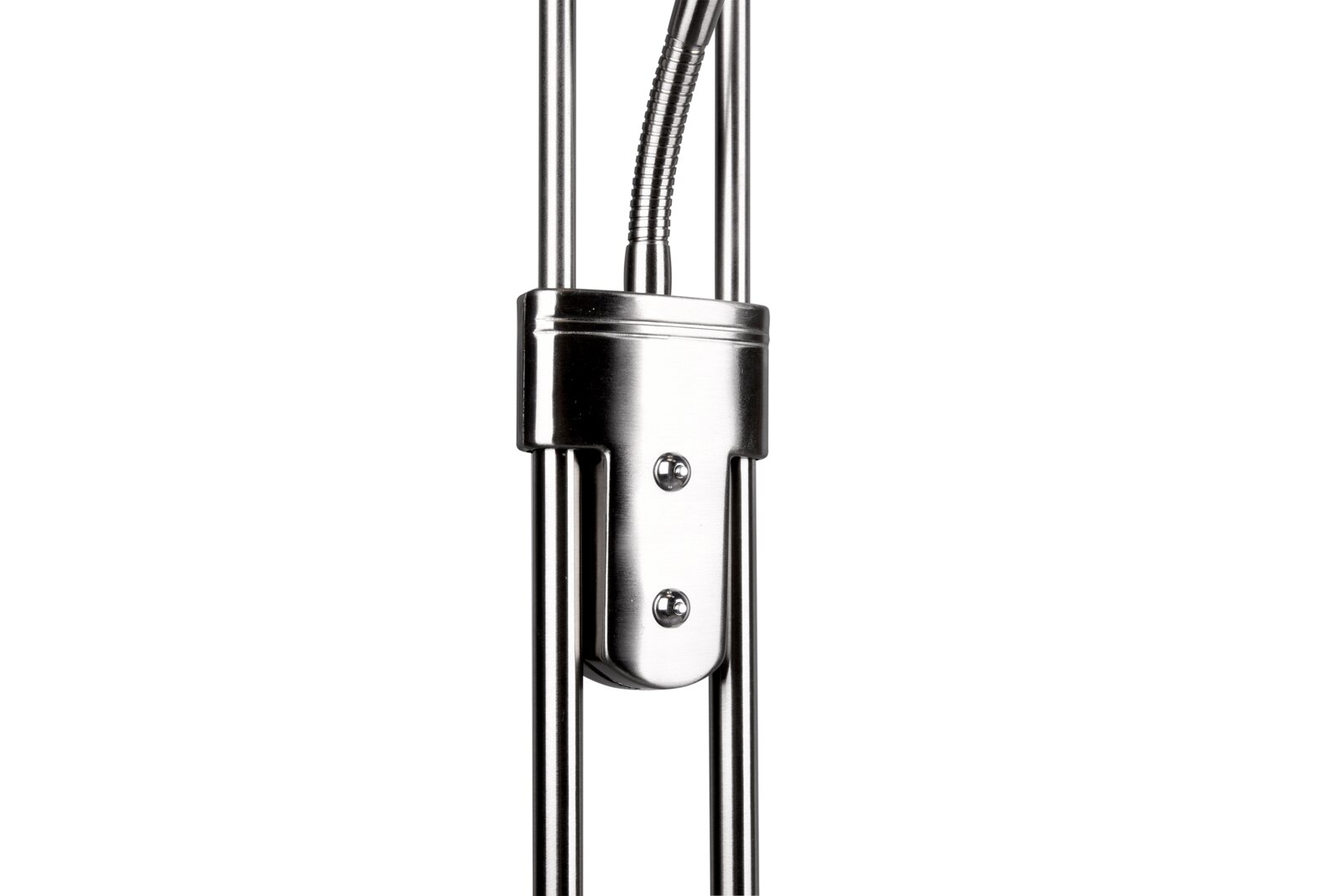 Nahaufnahme eines modernen LED-Deckenfluters aus Metall mit glänzender Oberfläche, seitliche Perspektive.