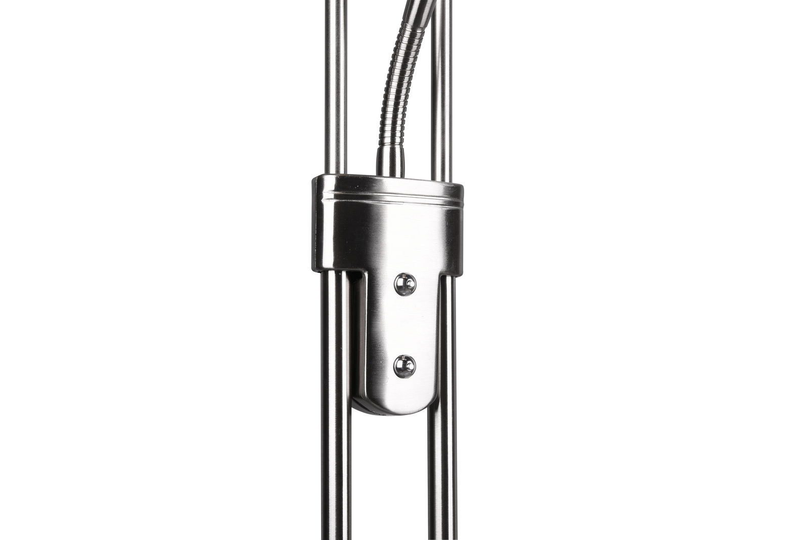 Nahaufnahme eines modernen LED-Deckenfluters aus Metall mit glänzender Oberfläche, seitliche Perspektive.