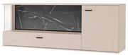 Modernes Sideboard/TV-Lowboard in Beige mit schwarzer Marmoroptik-Front und schwarzen Griffen, frontale Ansicht in leichter Schrägperspektive von vorn rechts