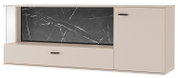 Modernes Sideboard/TV-Lowboard in Beige mit schwarzer Marmoroptik-Front und schwarzen Griffen, frontale Ansicht in leichter Schrägperspektive von vorn rechts