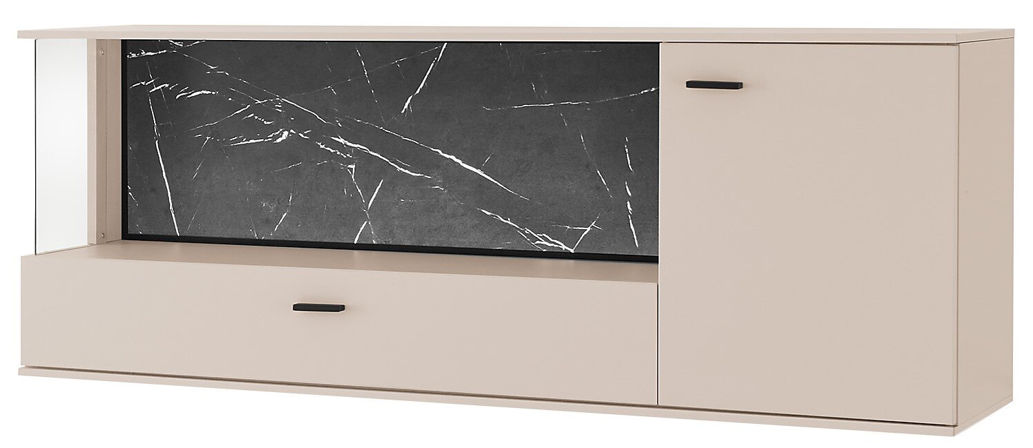 Modernes Sideboard/TV-Lowboard in Beige mit schwarzer Marmoroptik-Front und schwarzen Griffen, frontale Ansicht in leichter Schrägperspektive von vorn rechts