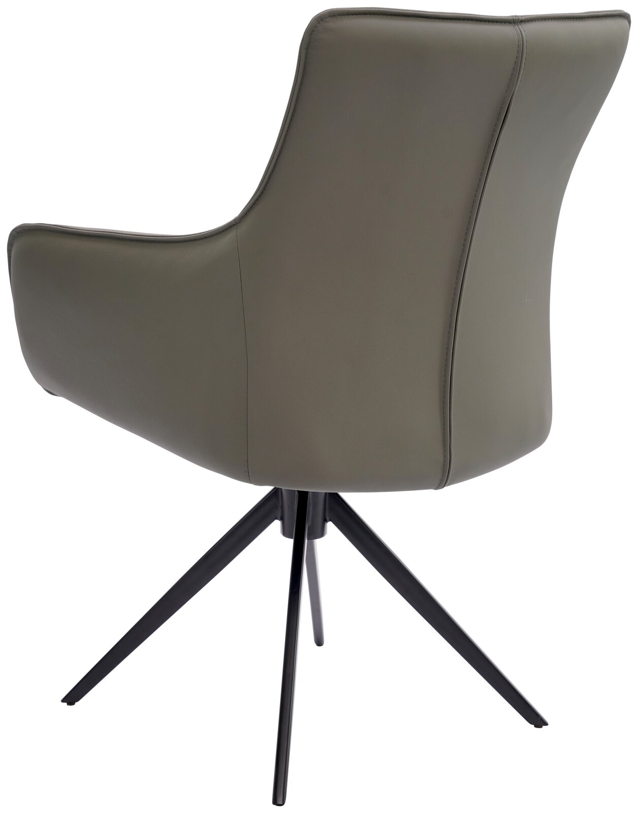 Rückansicht eines modernen Armlehnstuhls mit schwarzem Metallgestell und grauem Polster.