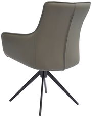 Rückansicht eines modernen Armlehnstuhls mit schwarzem Metallgestell und grauem Polster.