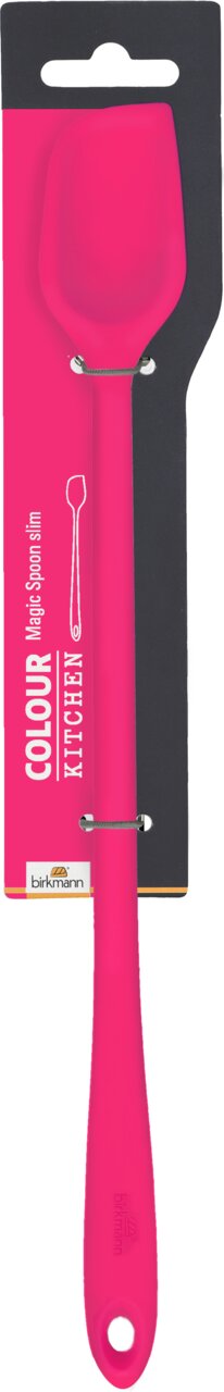 Birkmann Backlöffel slim COLOUR KITCHEN Vorderansicht eines pinken MagicSpoon slim von Birkmann, verpackt auf einer schwarzen Karte.