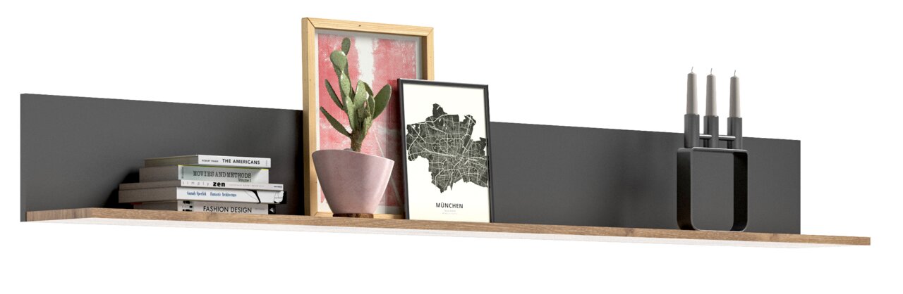 MID.YOU Wandboard MASON Wandboard mit Dekoration, darunter Bücher, ein gerahmtes Bild, ein Pflanzentopf und ein Kerzenhalter, seitliche Perspektive.