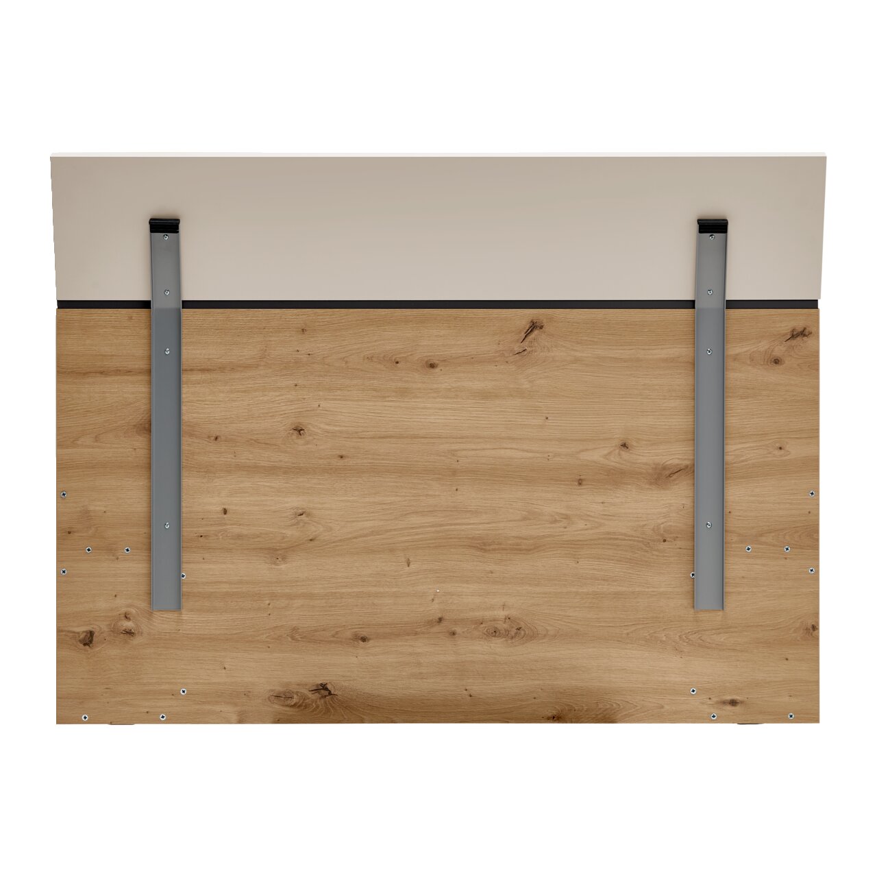 Rückansicht eines Bettrahmens mit Holzoptik und Metallstreben.