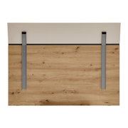 Rückansicht eines Bettrahmens mit Holzoptik und Metallstreben.