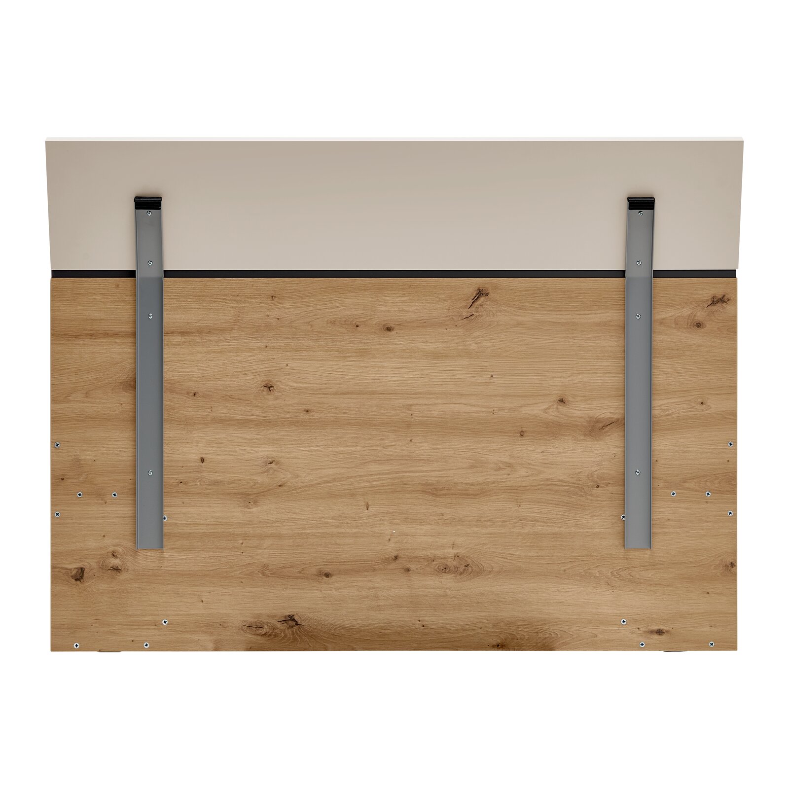 Rückansicht eines Bettrahmens mit Holzoptik und Metallstreben.