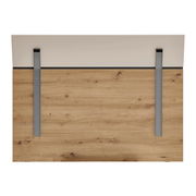 Rückansicht eines Bettrahmens mit Holzoptik und Metallstreben.