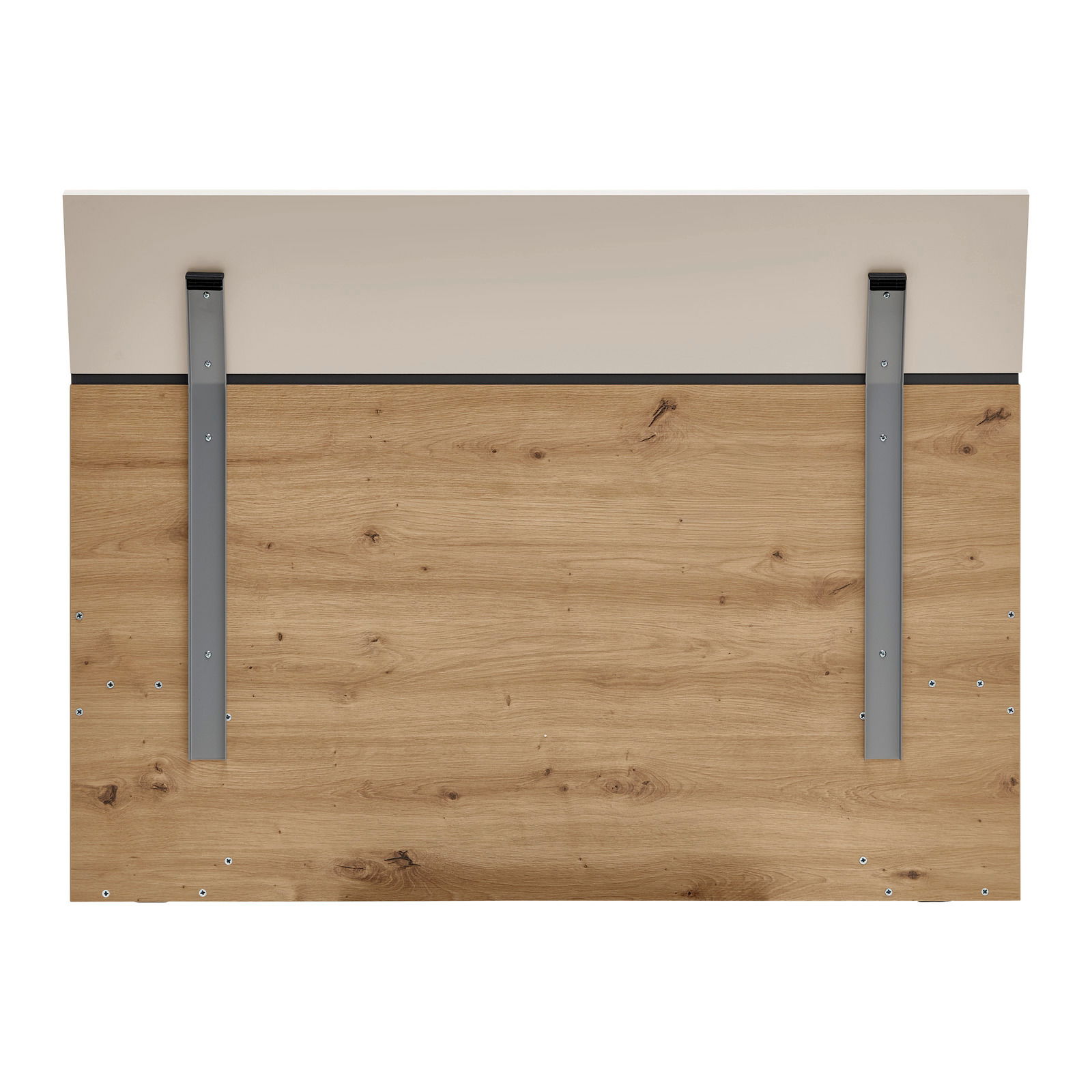 Rückansicht eines Bettrahmens mit Holzoptik und Metallstreben.