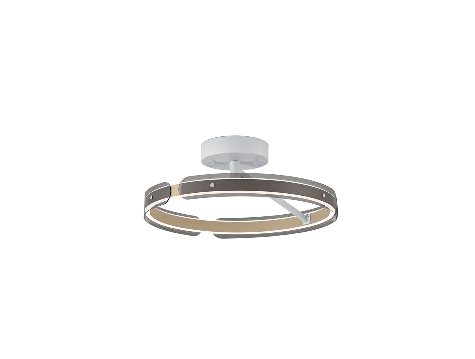 Moderne runde LED-Deckenleuchte mit ringförmigem Design in Silber/Weiß, frontal in leichter Untersicht auf weißem Hintergrund