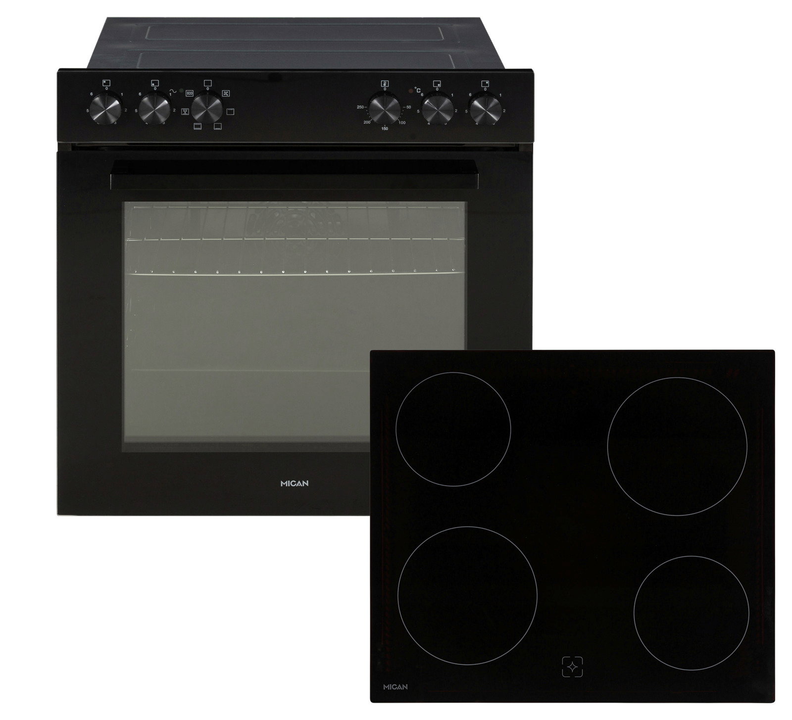 Einbauherd-Set mit schwarzem Ofen und vier Kochfeldern, Frontalansicht