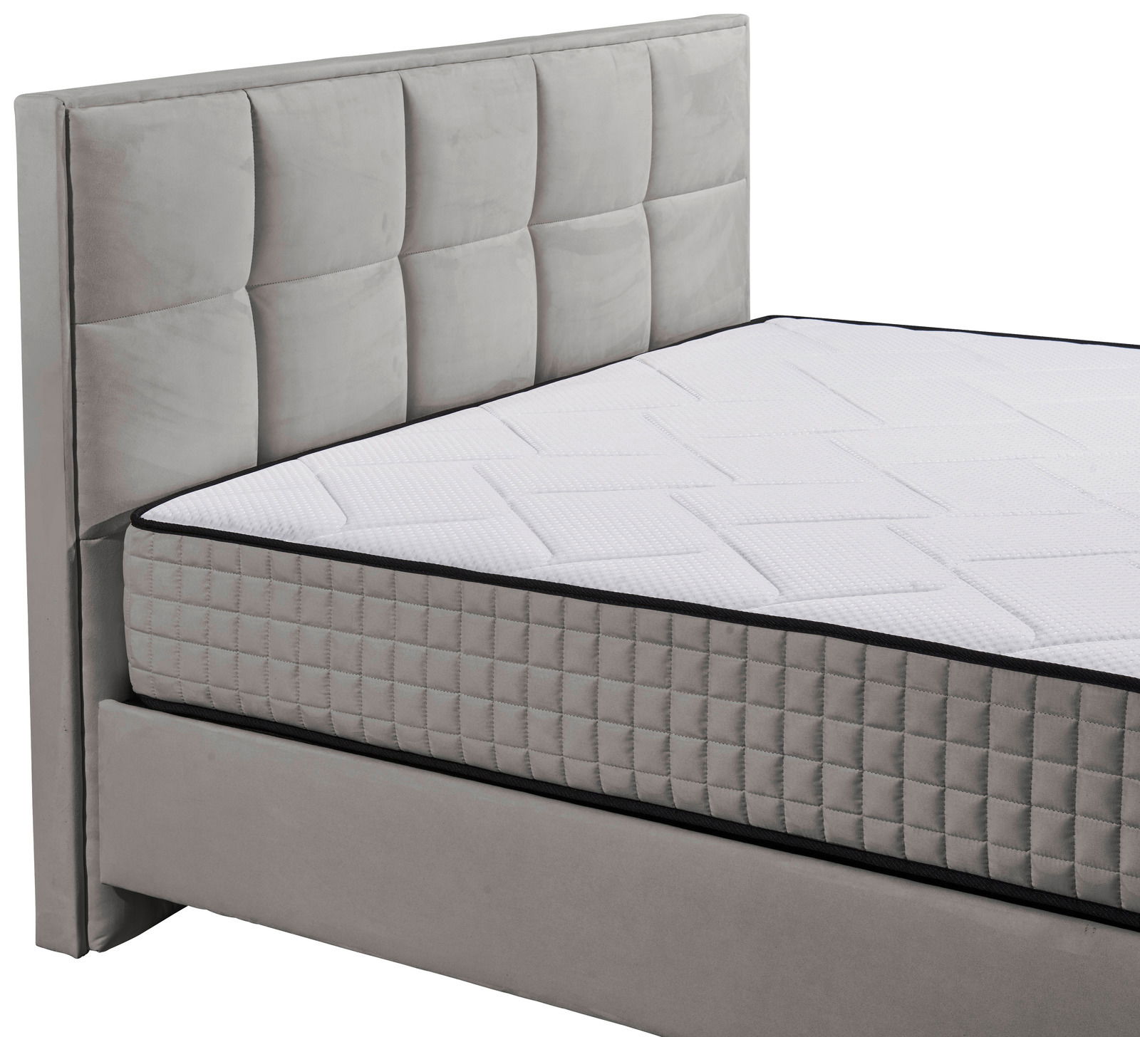 Graues Boxbett mit gestepptem Kopfteil und Matratze, seitliche Perspektive