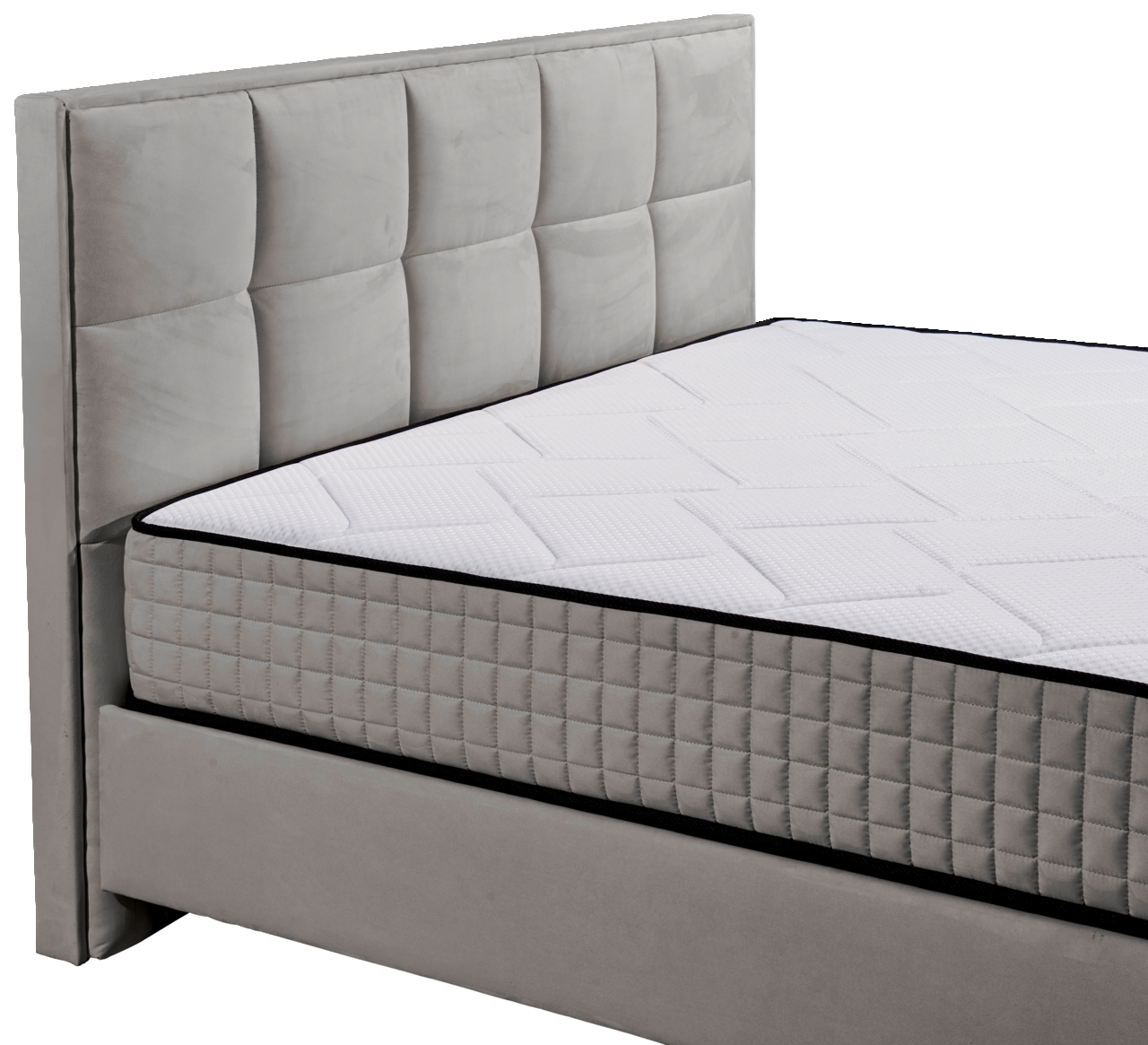 Graues Boxbett mit gestepptem Kopfteil und Matratze, seitliche Perspektive