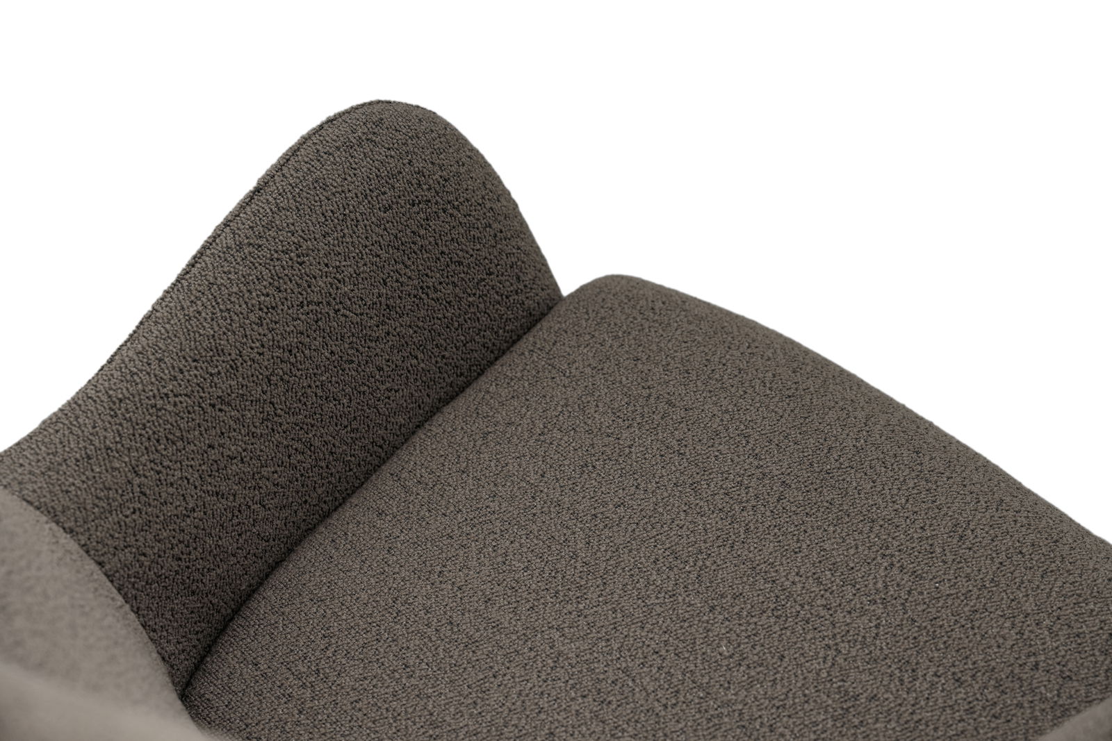 Nahaufnahme eines grauen Armlehnstuhls mit texturierter Oberfläche, von oben betrachtet.