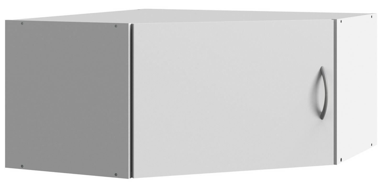 Weißer Eckschrankaufsatz mit silbernem Griff, perspektivisch von vorne rechts betrachtet.