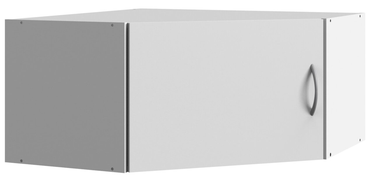 XORA Aufsatz für Eckschrank MULTIRAUMKONZEPT Weißer Eckschrankaufsatz mit silbernem Griff, perspektivisch von vorne rechts betrachtet.