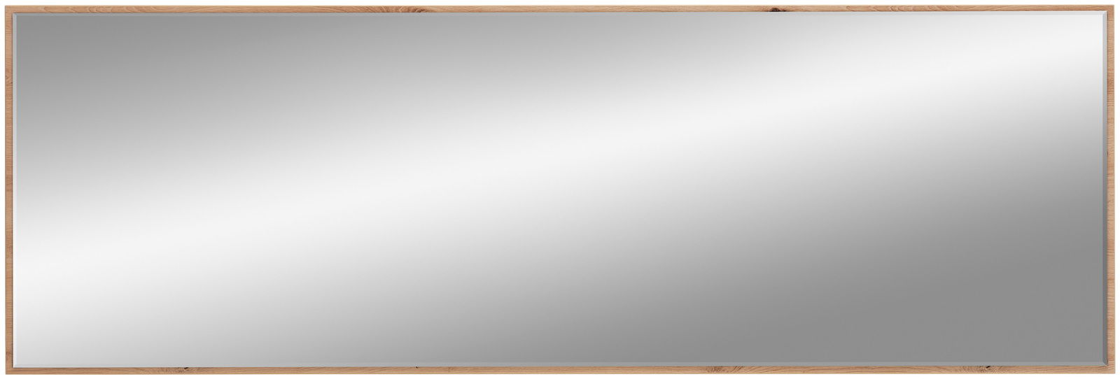 Großer rechteckiger Spiegel mit Holzrahmen, frontal betrachtet.