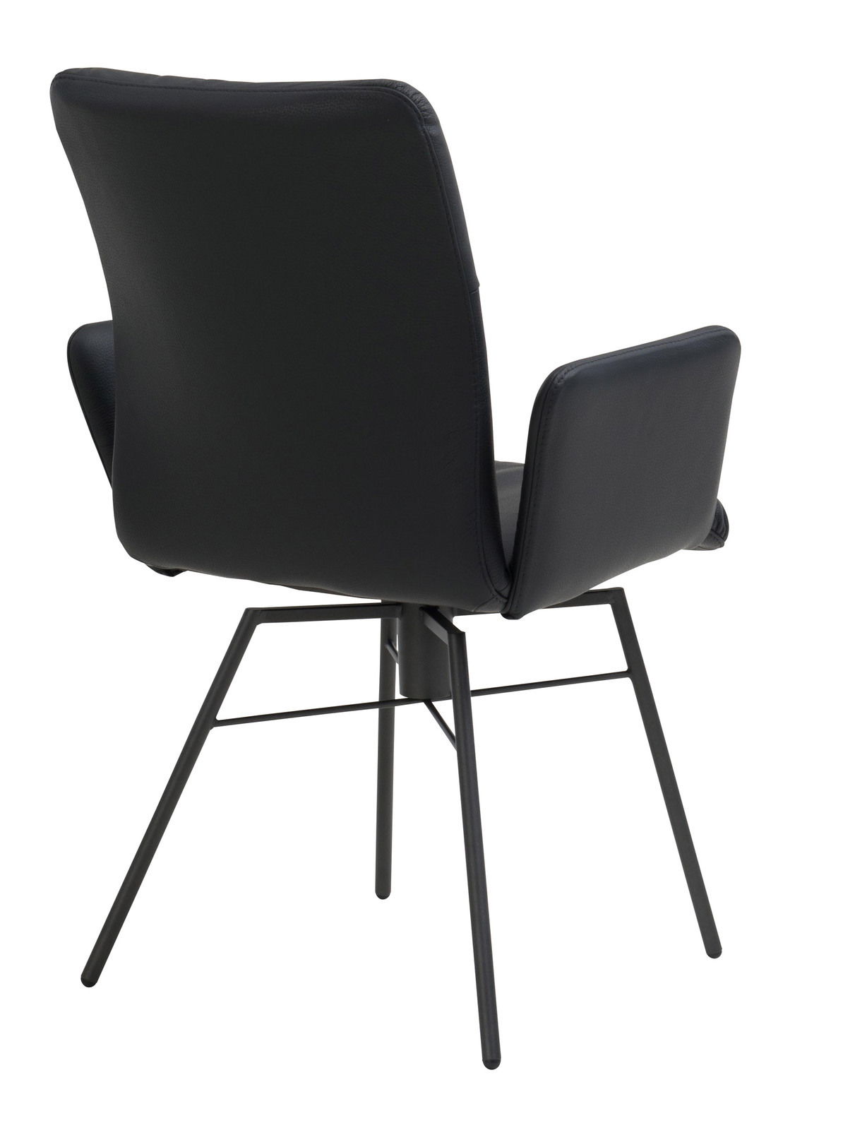 Rückansicht eines schwarzen Armlehnstuhls mit Metallbeinen