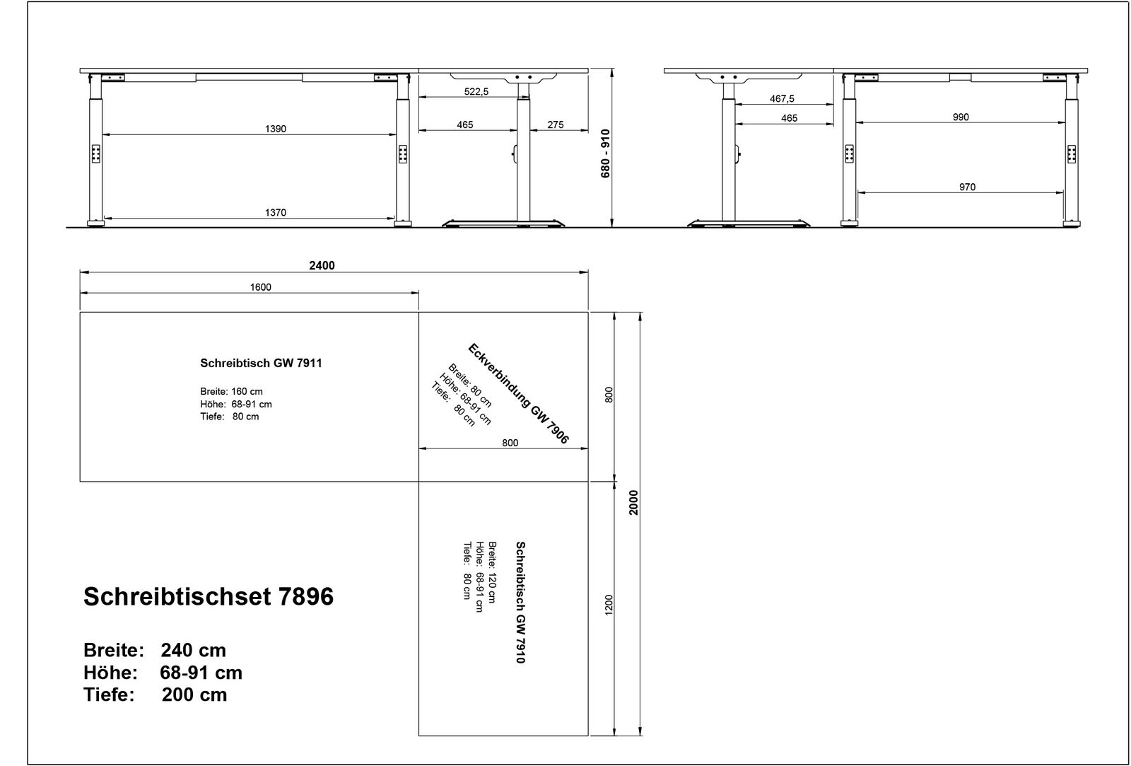 Technische Zeichnung eines Eckschreibtischsets mit den Maßen: Breite 240 cm, Höhe 68-91 cm, Tiefe 200 cm. Die Zeichnung zeigt die Vorder- und Seitenansicht des Schreibtischs.